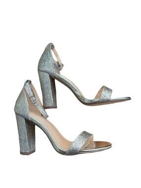 Size 9 Aiit Glitter Ankle Strap 4" Block Heel Sandals Silver Sparkle Formal